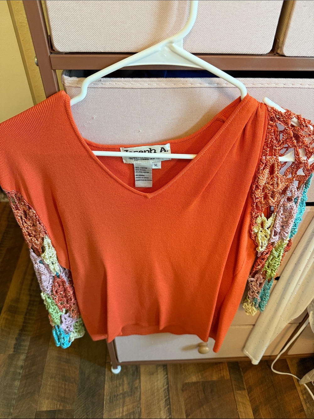 Joseph Orange Knit Top with Multicolor Crochet Sleeves